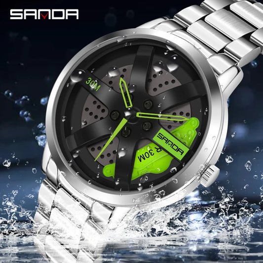 SANDA Men Rim Hub Watch Custom Design Sports Car Watch Stainless Mesh Racing Wheel Rim Hub Quartz Watch Man WaterproofRelogio