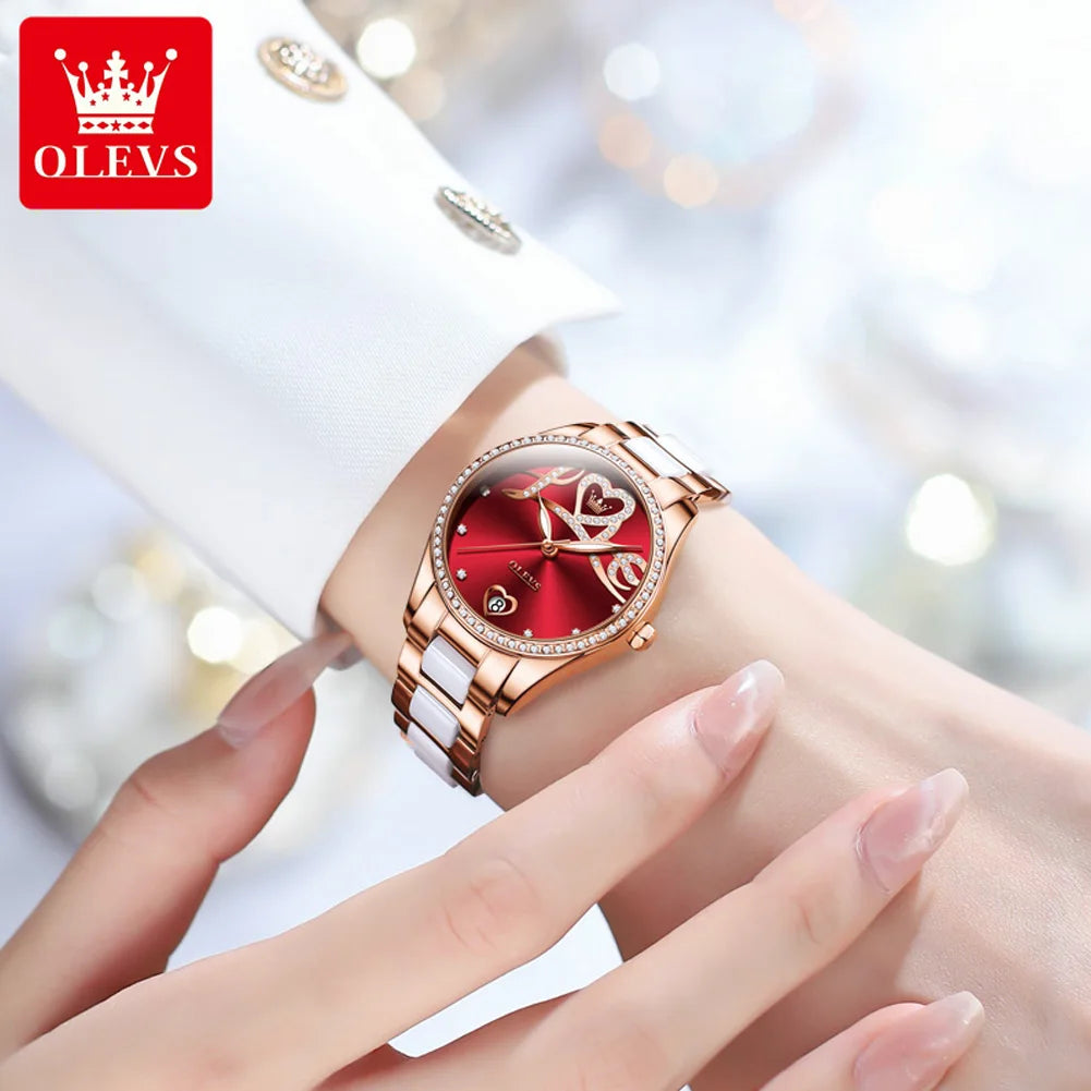 OLEVS Original Automatic Wrist Watch for Women Fashion Elegant Diamond  “Love” Dial Ceramics Strap Mechanical Wristwatch Set