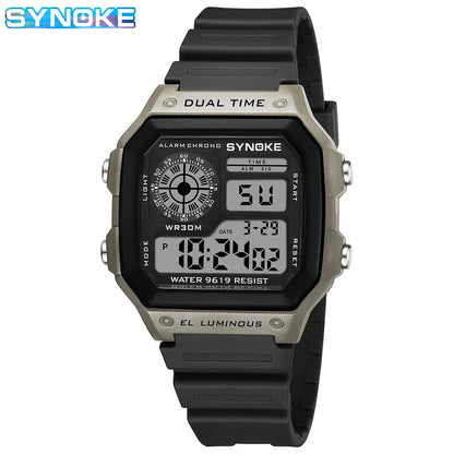 Synoke Montre numérique militaire d'extérieur pour hommes Montre rétro pour hommes de mode Montre de sport pour hommes étanche 3 bars Montre multifonctionnelle lumineuse