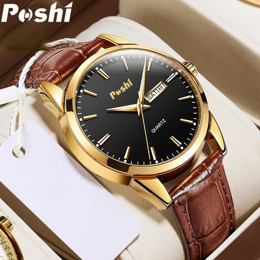 POSHI Original Brand Men Watches Luxury Leahter Strap Casual Wristwatch for Man Fashion Quartz Watch with Date Week Waterproof