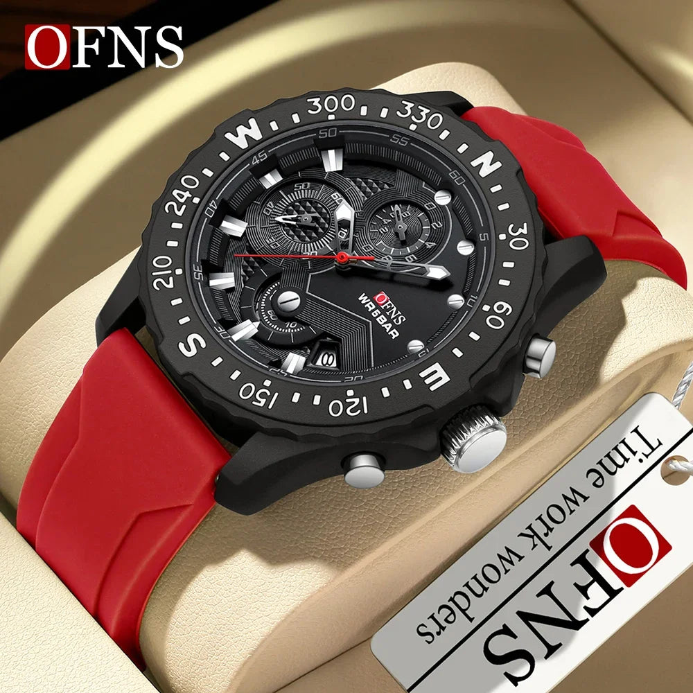 OFNS Brand 1302 Luxury Fashion Men's Quartz Watch Men's Watch Business Silicone Sports Waterproof Military Quartz Men's Watch