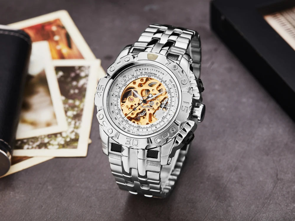 reloj hombre Luxury  Wristwatch Men Skeleton Automatic Mechanical Watch Steel Strap