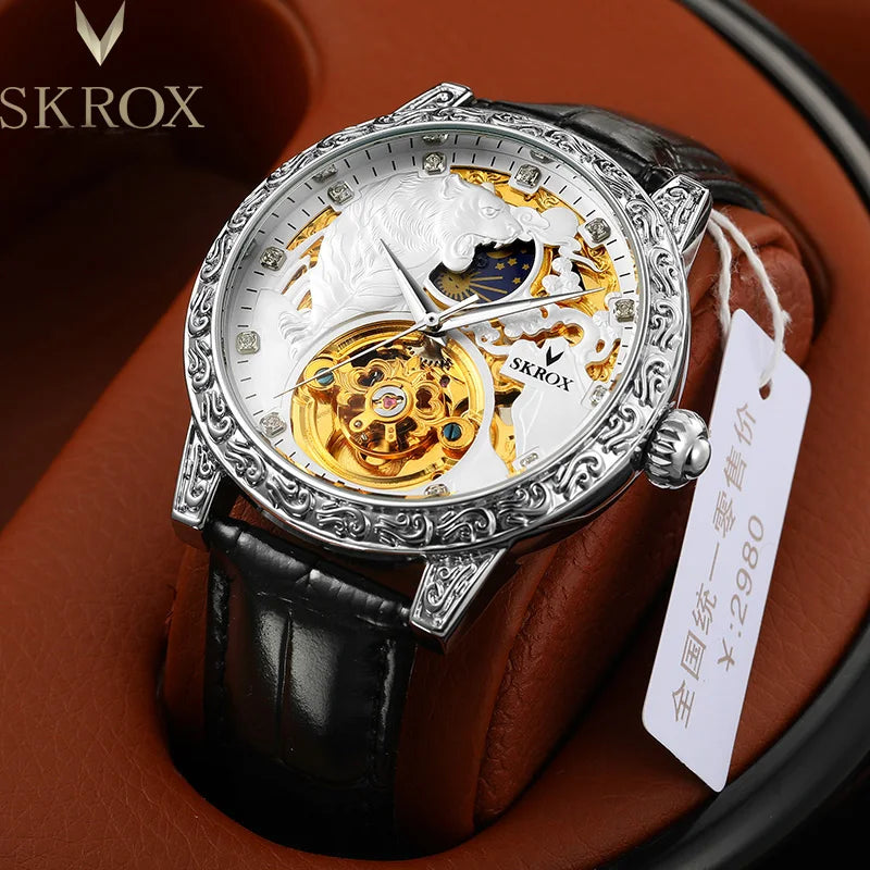 SKROX Original Gold Tiger Diamond Specials Men Watch 2024 Moon Phase Tourbillon Automatic Mechanical Skeleton Luxury Male Clock