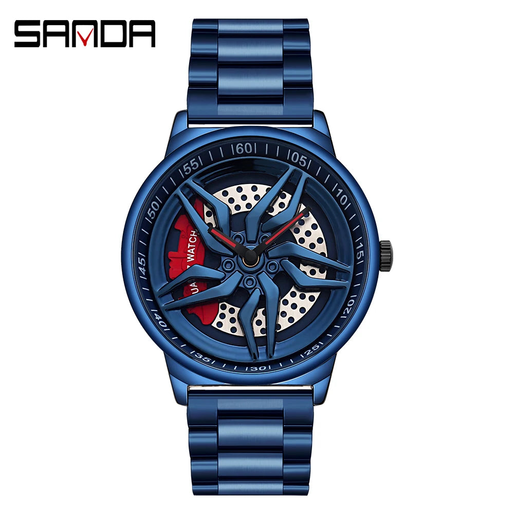 Car Wheel Watch Men Quartz Rotating Dial Waterproof Sport Steel Clock Creative Rim Hub Wheel Wristwatch Relogio Masculine