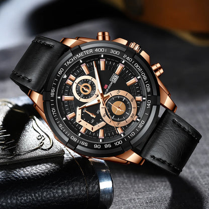 VA VOOM Mens Military Style Quartz Watch Fashion Rose Gold 46mm Large Dial Sports Leather Casual Mens Gift Watches Reloj Hombre