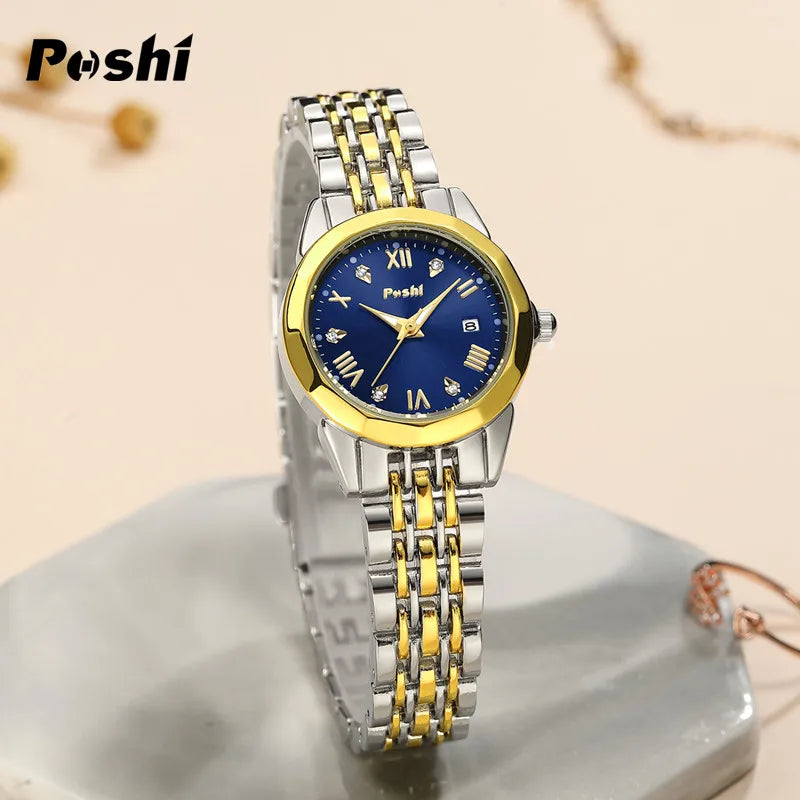 POSHI Stainless Steel Strap Quartz Watch Fashion Casual Women's Watches Crystal Dial Quartz Movement Date Ladies Bracelet Gift