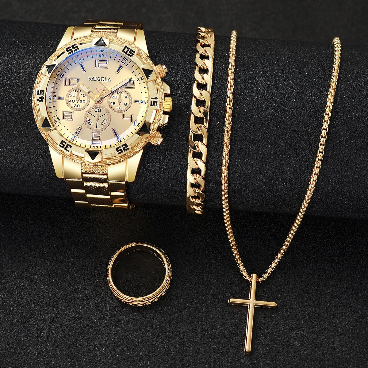 FASHION MEN'S QUARTZ WATCHES WITH GOLD STEEL BAND SET