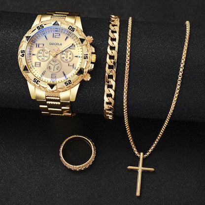 FASHION MEN'S QUARTZ WATCHES WITH GOLD STEEL BAND SET