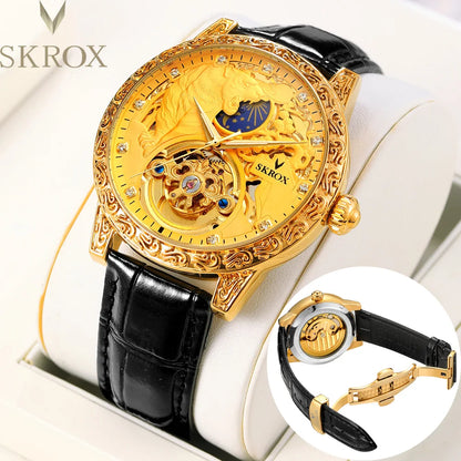 SKROX Original Gold Tiger Diamond Elegant Men Watch Moon Phase Tourbillon Automatic Mechanical Skeleton Luxury Brand Male Clock