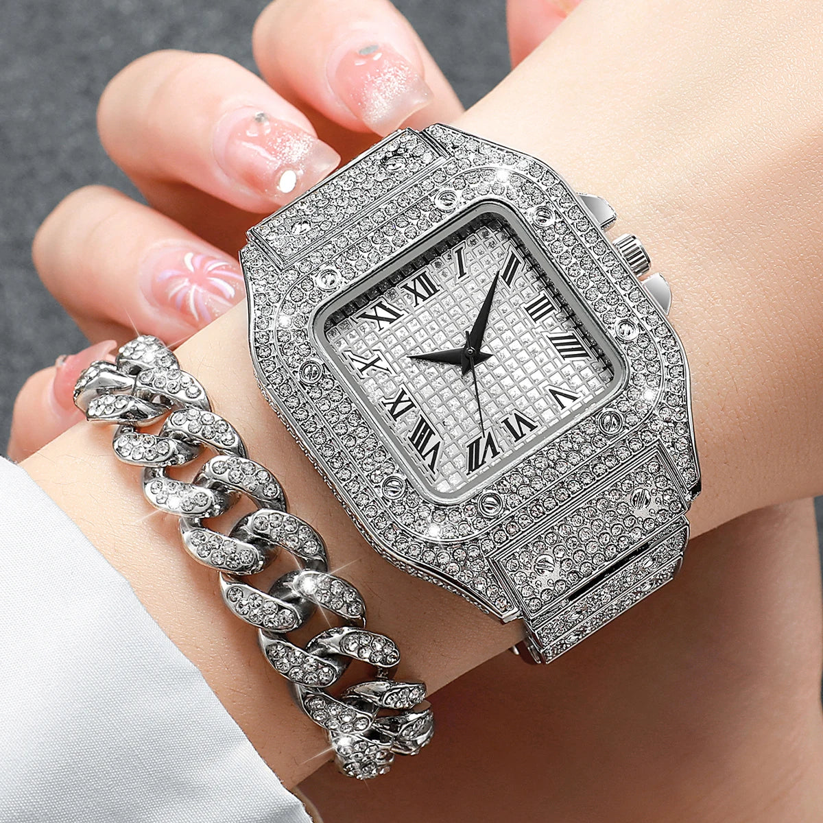 Montre unisexe à la mode avec diamants pour hommes et femmes, bracelet en acier inoxydable argenté, montre à quartz, ensemble de 2 pièces