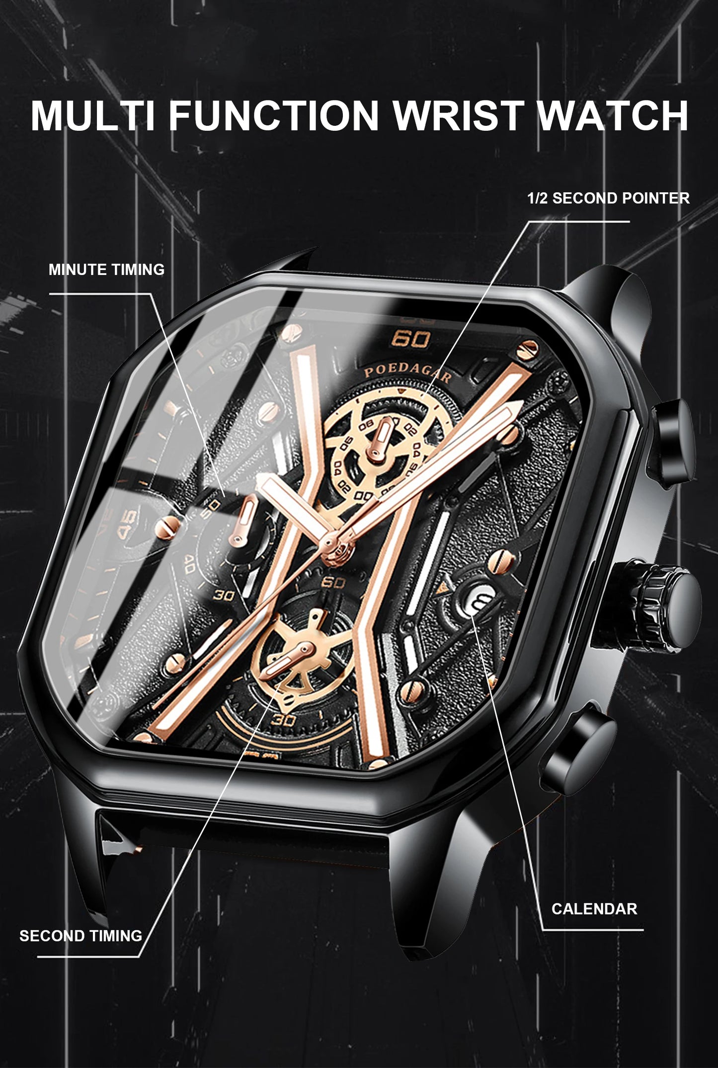 POEDAGAR Fashion Men Wristwatches Luxury Chronograph Luminous Waterproof Date Man Watch Square Dial Leather Quartz Men's Watches