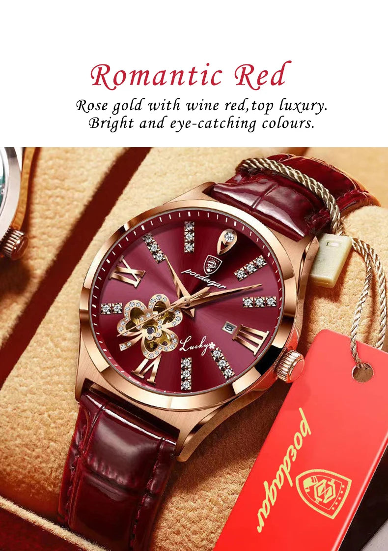 POEDAGAR Women Watch Fashion Luxury Wine Red Quartz Watches Waterproof Stainless Stain Ladies Wristwatch Romatic Girlfriend Gift