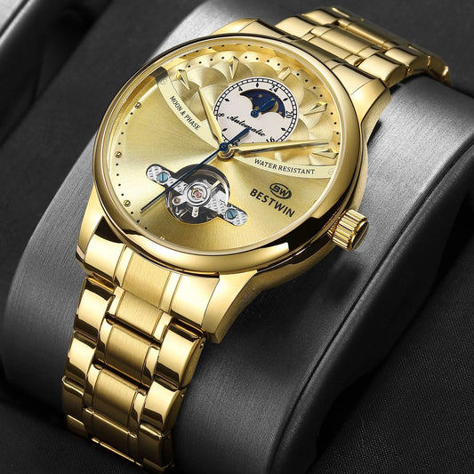 New Automatic Self-Wind Male Watch Golden Dial Stainless Steel Casual Moonphase Gold Mechanical Tourbillon Men Clock Reloj Gift