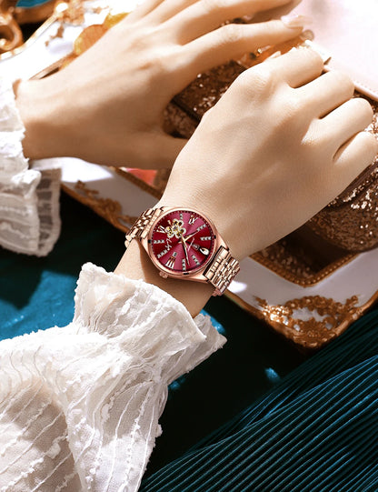 POEDAGAR Women Watch Fashion Luxury Wine Red Quartz Watches Waterproof Stainless Stain Ladies Wristwatch Romatic Girlfriend Gift