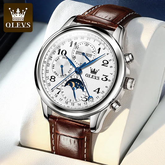 OLEVS Original Men's Automatic Wristwatch Moon Phase Calendar Waterproof Stainless Steel Leather Strap Mechanical Watch for Men