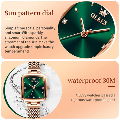 OLEVS New Quartz Watch for Women Elegant Rose Gold Stainless Steel Square Watch Original Luxury Ladies Wristwatches Jewelry Set