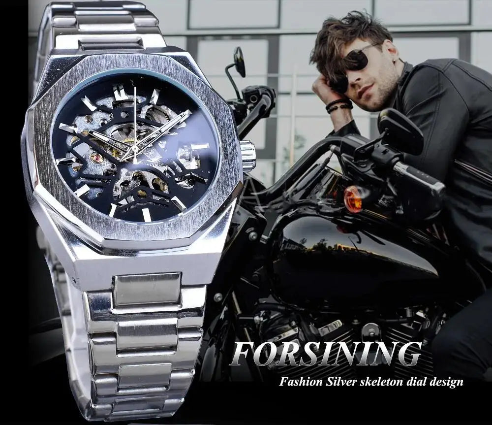 Forsining Fashion Steampunk Men's Automatic Mechanical Watch Hollow Skeleton Design Black Dial Waterproof Business Wristwatches