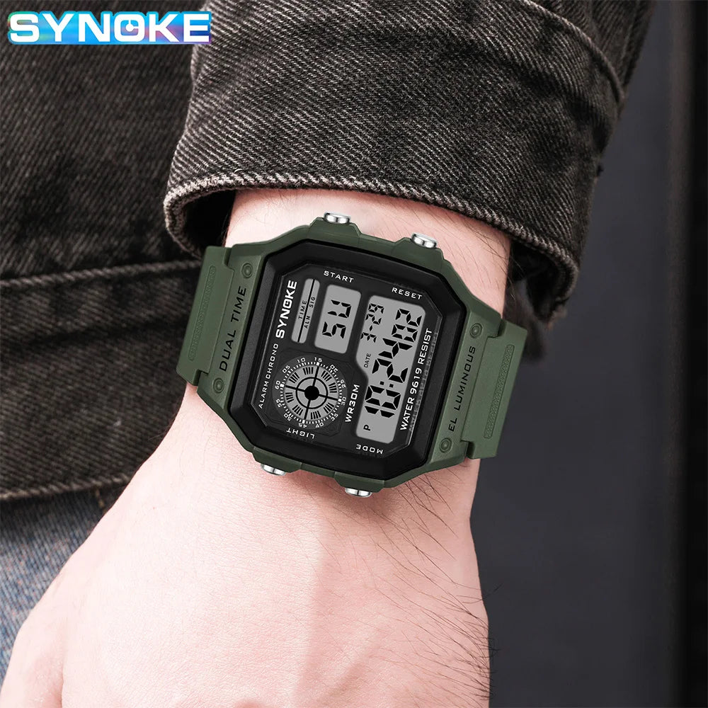 Synoke Montre numérique militaire d'extérieur pour hommes Montre rétro pour hommes de mode Montre de sport pour hommes étanche 3 bars Montre multifonctionnelle lumineuse