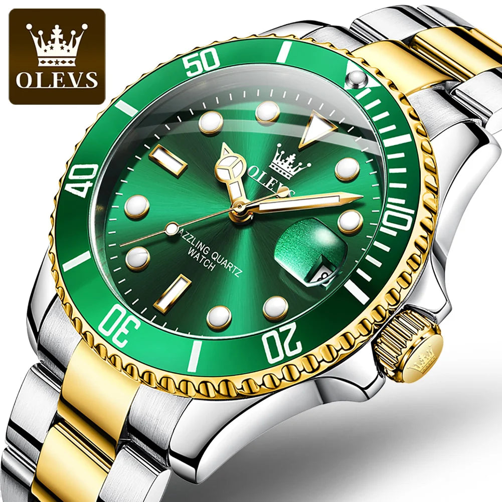 Montre Homme OLEVS Diver Vert Montre Étanche pour Homme Acier Inoxydable Quartz Homme Montre De Luxe Lumineuse