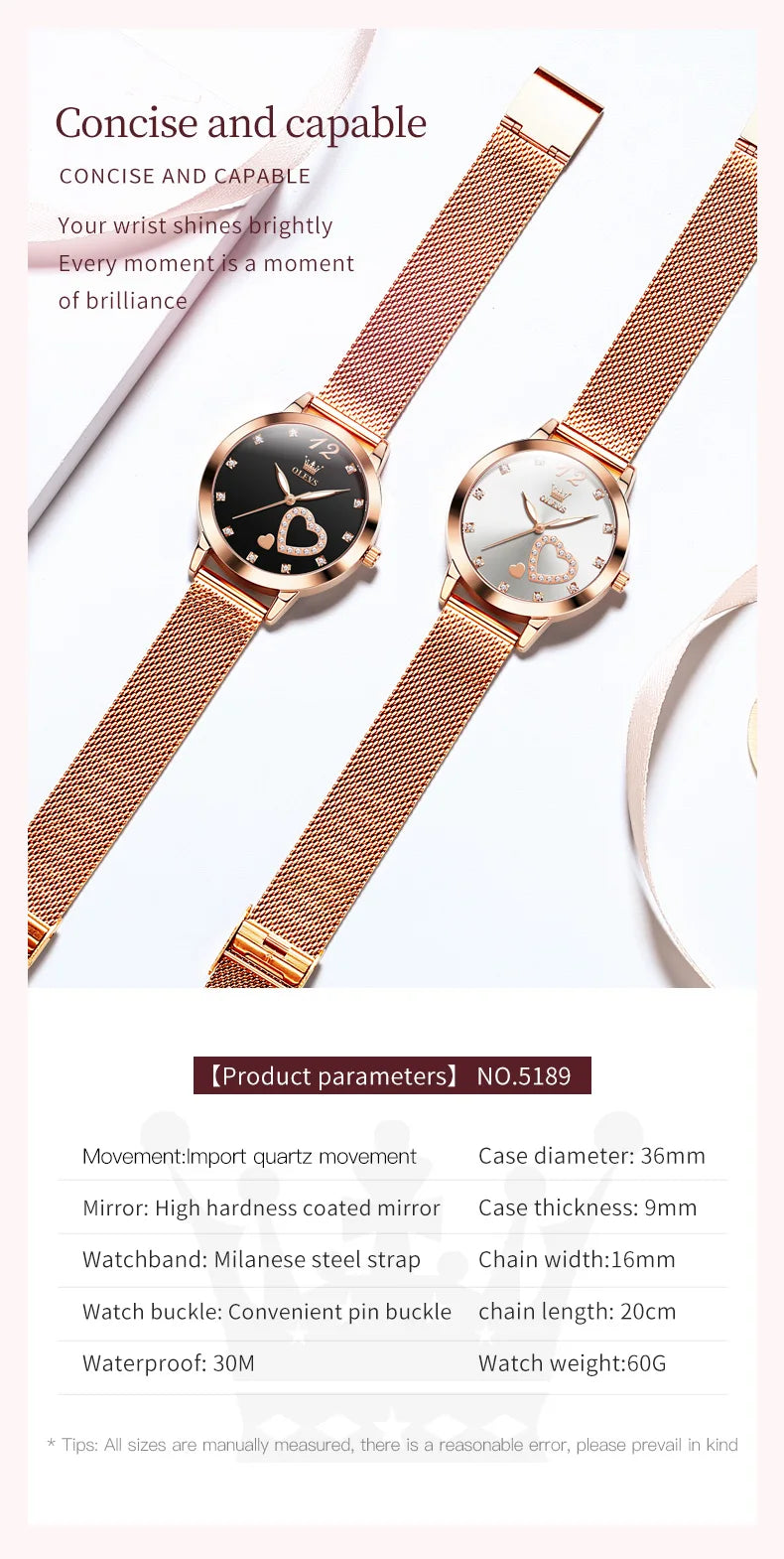 Montres pour femmes OLEVS Montre-bracelet à quartz japonaise étanche Bracelet en acier inoxydable Robe de mode Montre à cadran diamant lumineux pour femme