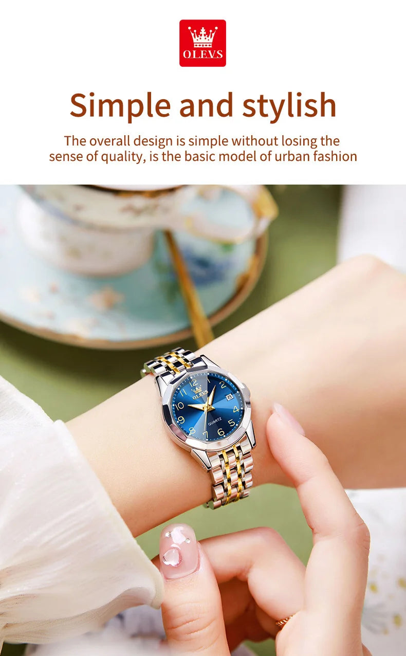 OLEVS Golden Watch for Women Luxury Elegant Rhombus Design Digital Dial Stainless Steel Strap Waterproof Calendar Clock Ladies