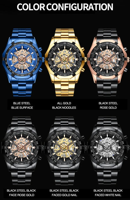 UTHAI Men Watch Business Light Luxury Brand high-grad Stainless Steel Hollow out Waterproof Blue Male Fashion Clock Watches Gift