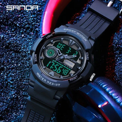 Montres de sport militaires de marque SANDA 2024 pour hommes, montres à double affichage, montre-bracelet électronique antichoc étanche Relogio Masculino 6082