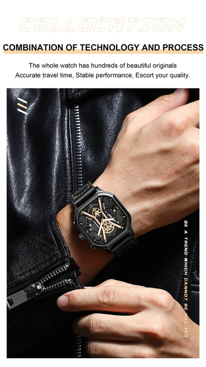 POEDAGAR Fashion Men Wristwatches Luxury Chronograph Luminous Waterproof Date Man Watch Square Dial Leather Quartz Men's Watches