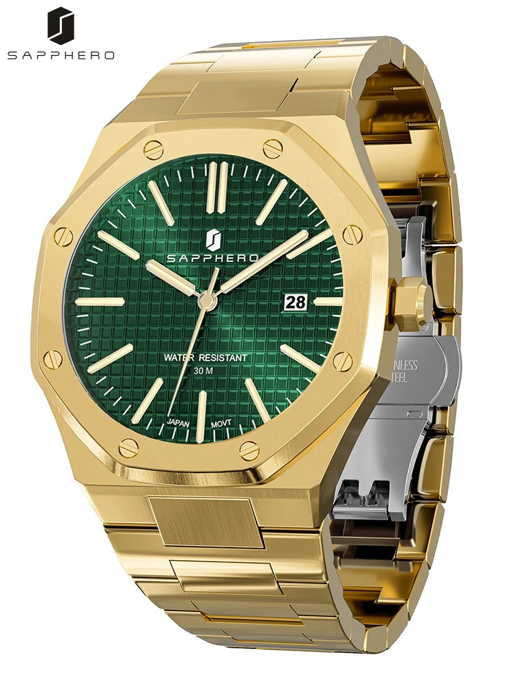 SAPPHERO Golden green Watches for Men Luxury Business Stainless Steel Mens Wristwatch Octagon Design Waterproof Luminous Clock