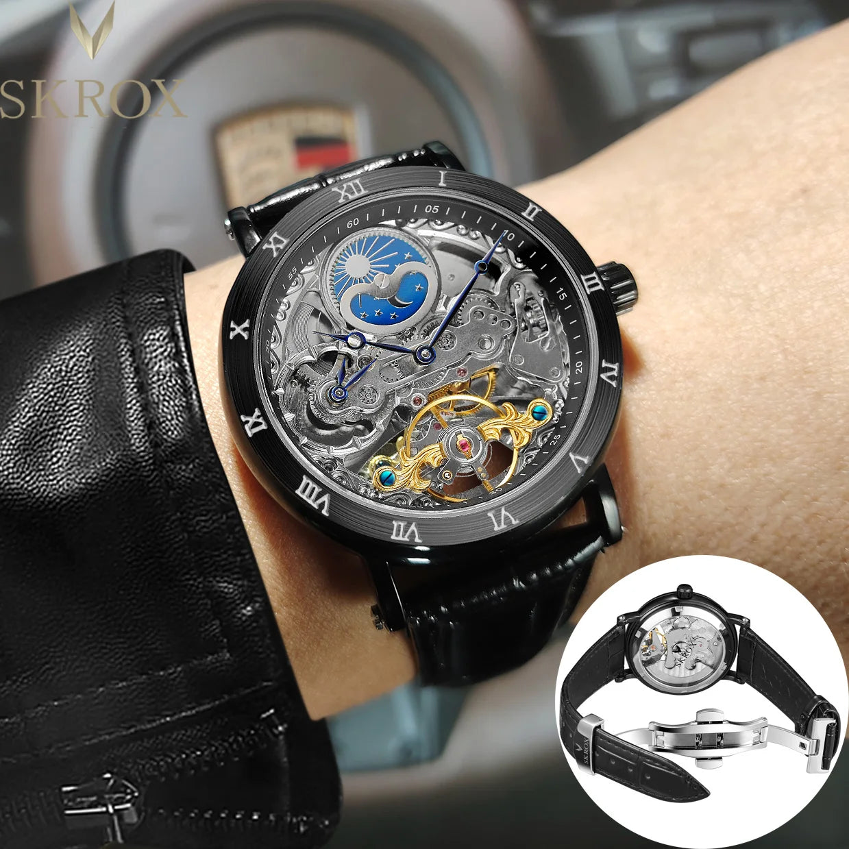 SKROX GMT Moon Phase Automatic Movement Clockwork Mechanical Waterproof Male Wristwatches Original High-End Luxury Man aaa Watch