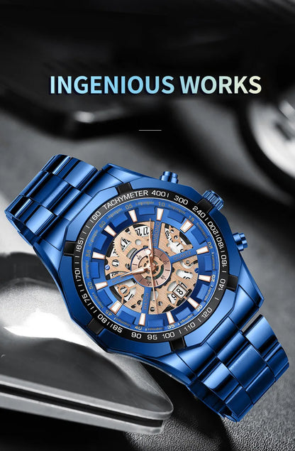 UTHAI Men Watch Business Light Luxury Brand high-grad Stainless Steel Hollow out Waterproof Blue Male Fashion Clock Watches Gift