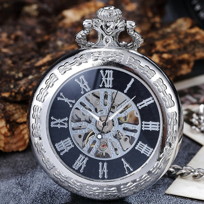 BLACK MENS POCKET WATCH WOMEN LADY PENDANT FOB MECANICAL POCKTE WATCHES FOR MAN SKELETON STEAMPUNK MALE CLOCK reloj hombre