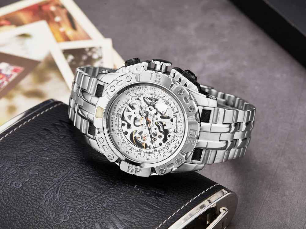 reloj hombre Luxury  Wristwatch Men Skeleton Automatic Mechanical Watch Steel Strap