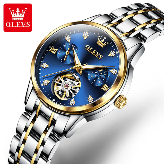 OLEVS Automatic Watch for Women Waterproof Luminous Skeleton Original Automatic Mechanical Elegant Women's Watches Set Gidt