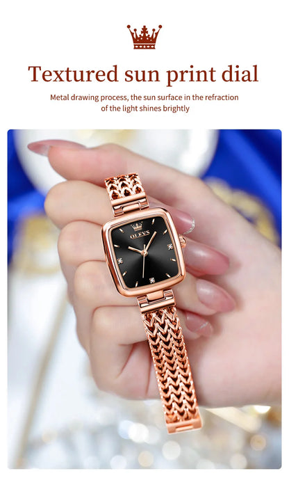 OLEVS New Quartz Watch for Women Elegant Rose Gold Stainless Steel Square Watch Original Luxury Ladies Wristwatches Jewelry Set