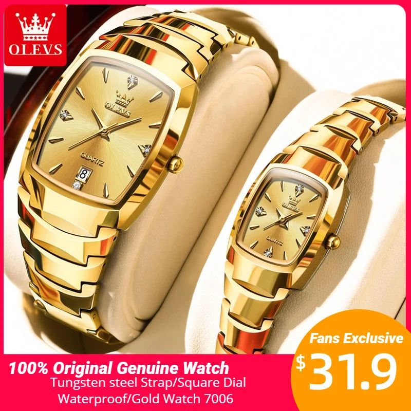 OLEVS 7006 Original Quartz Watch for Couple Tungsten steel Diamond Gold Watch Waterproof Gifts His Hers Watch Sets Couple Watch