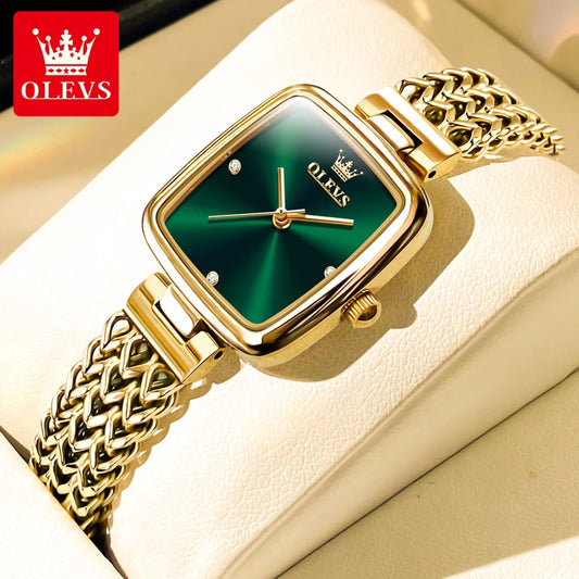 OLEVS Original Women Watches Luxury Elegant Quartz Wristwatch Stainless Steel Gold Square Quartz Watch Set Gift for Girl 9948