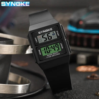 SYNOKE Montre Électronique de Sport Rectangulaire Étudiant Étanche 50M Veilleuse Design Léger Réveil Tendance Style Rétro