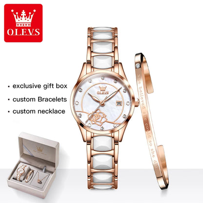 Montre à quartz OLEVS pour femme, mouvement japonais, étanche, en acier inoxydable, céramique, montre-bracelet de luxe pour femme, ensemble de montres tendance