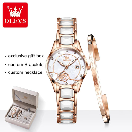 OLEVS Quartz Watch Women Japan Movement Waterproof Stainless Steel Ceramics Women Wristwatch Luxury Ladies watch Set Hot