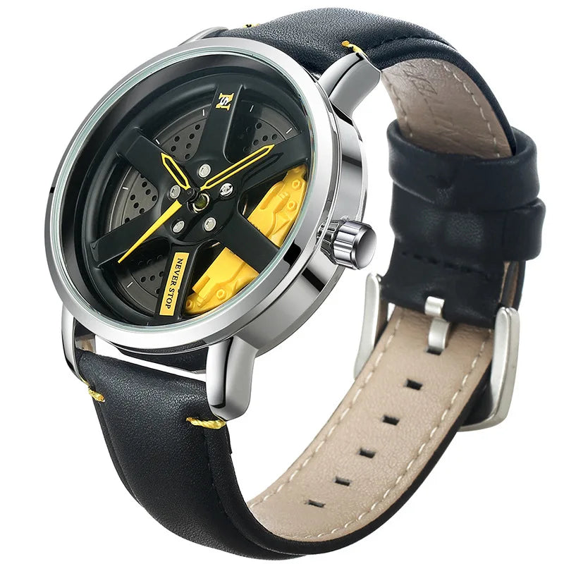 UTHAI L98 Brand Watch Men's Fashion Sports Personality Car Hub 360° Rotation Waterproof Leather Male's Quartz Clock Wristwatch