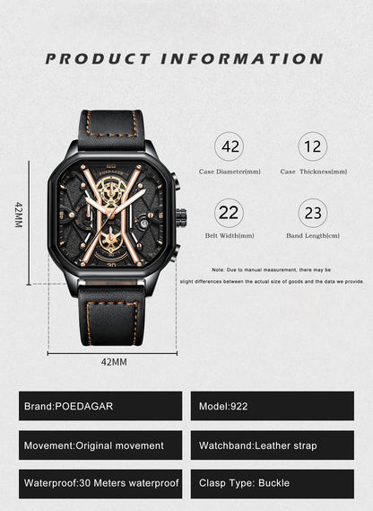 POEDAGAR Fashion Men Wristwatches Luxury Chronograph Luminous Waterproof Date Man Watch Square Dial Leather Quartz Men's Watches