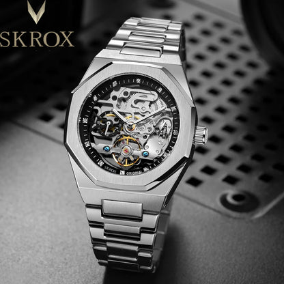 SKROX Top Luxury Gold Diamond Automatic Movement Man Watch High Quality Stainless Steel Mechanical Skeleton Male Wrist Watches