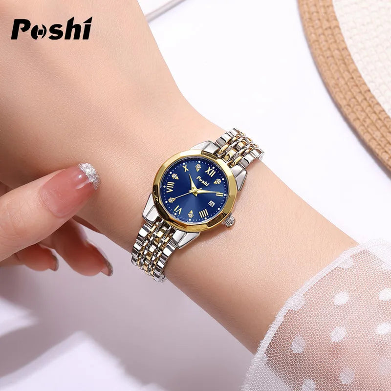 POSHI Stainless Steel Strap Quartz Watch Fashion Casual Women's Watches Crystal Dial Quartz Movement Date Ladies Bracelet Gift