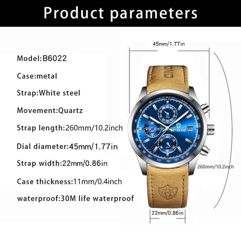 BINBOND Luxury Man Watch High Quality Waterproof Chronograph Luminous Men's Wristwatch Leather Men Quartz Watches Casual Clock