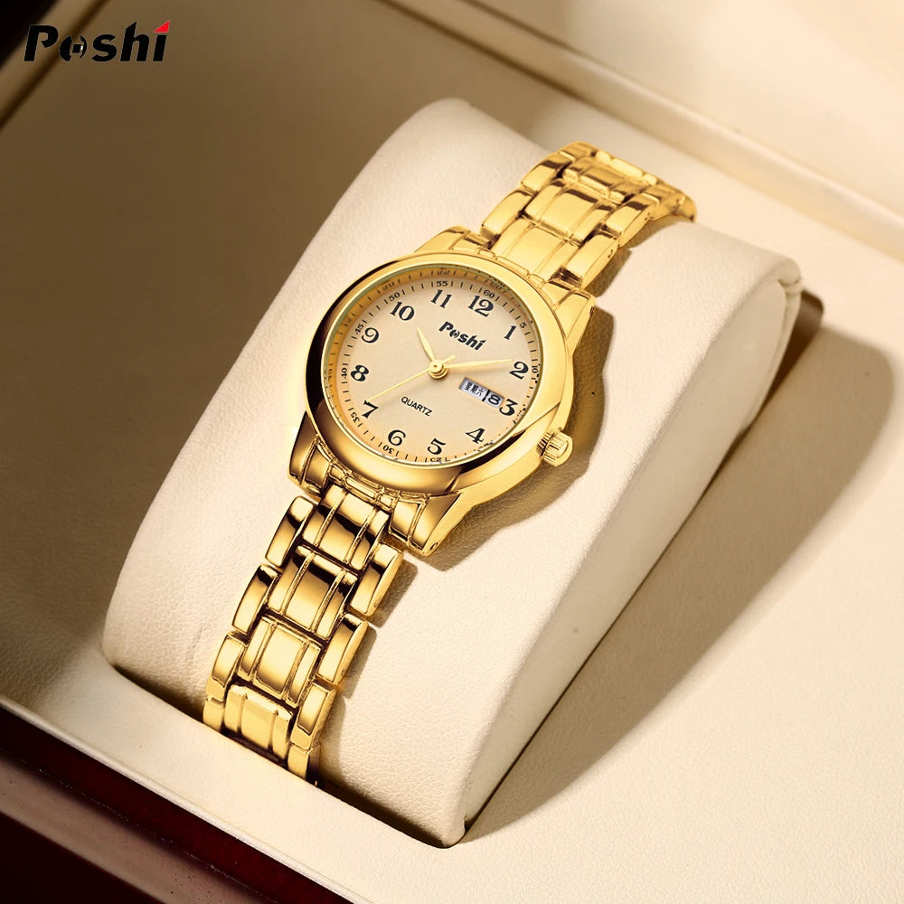 POSHI Quartz Watch for Women Fashion Ladies Bracelet Luxury Stainless Steel Strap Date Week Original Waterproof Women's Watches