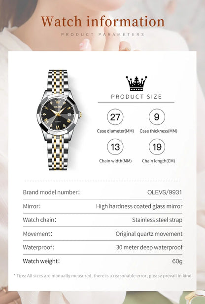 Montre à quartz OLEVS pour femmes, montre-bracelet élégante et originale en acier inoxydable avec miroir en losange, montre-bracelet étanche avec diamant