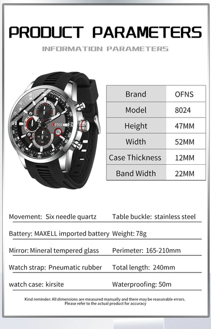 OFNS 8024 New Casual Men's Watches Calendar Business Six Qin Small dial Multi functional Time Waterproof Watches 2024