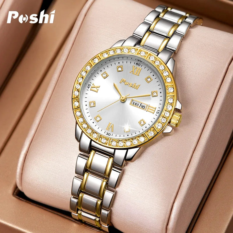 POSHI Quartz Watch for Women Alloy Strap Causal Ladies Wristwatch with Date Week Fashion Elegant Bracelet Waterproof Gift