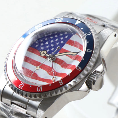 GMT Vintage Watch American Flag Dial 40mm Red Blue Bezel Automatic Movement Men's Watch Acrylic 5ATM Waterproof Watch